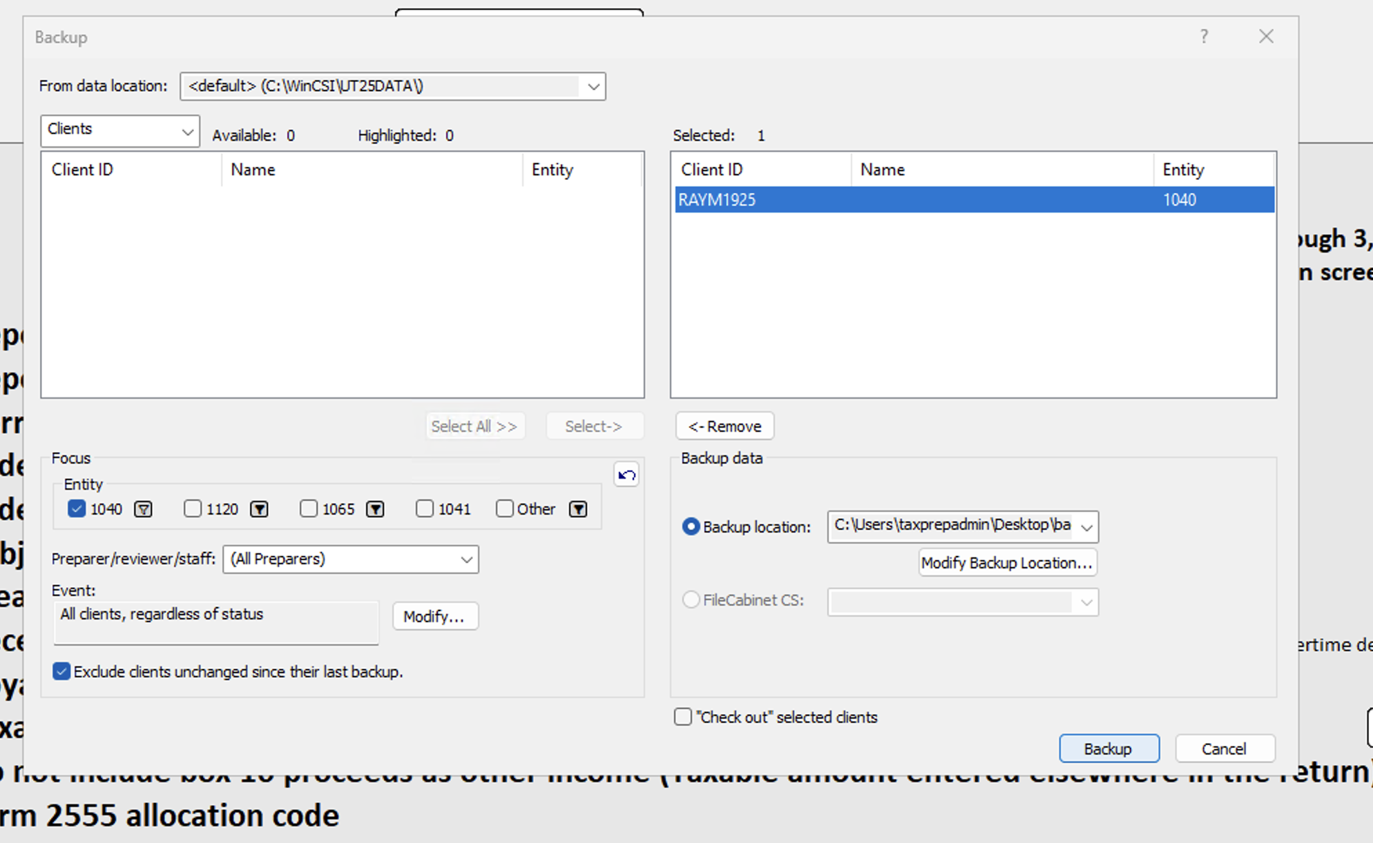 Client in Selected list, ready to backup