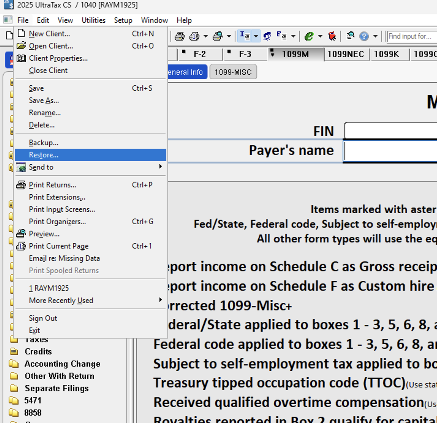 UltraTax CS File menu with Restore highlighted