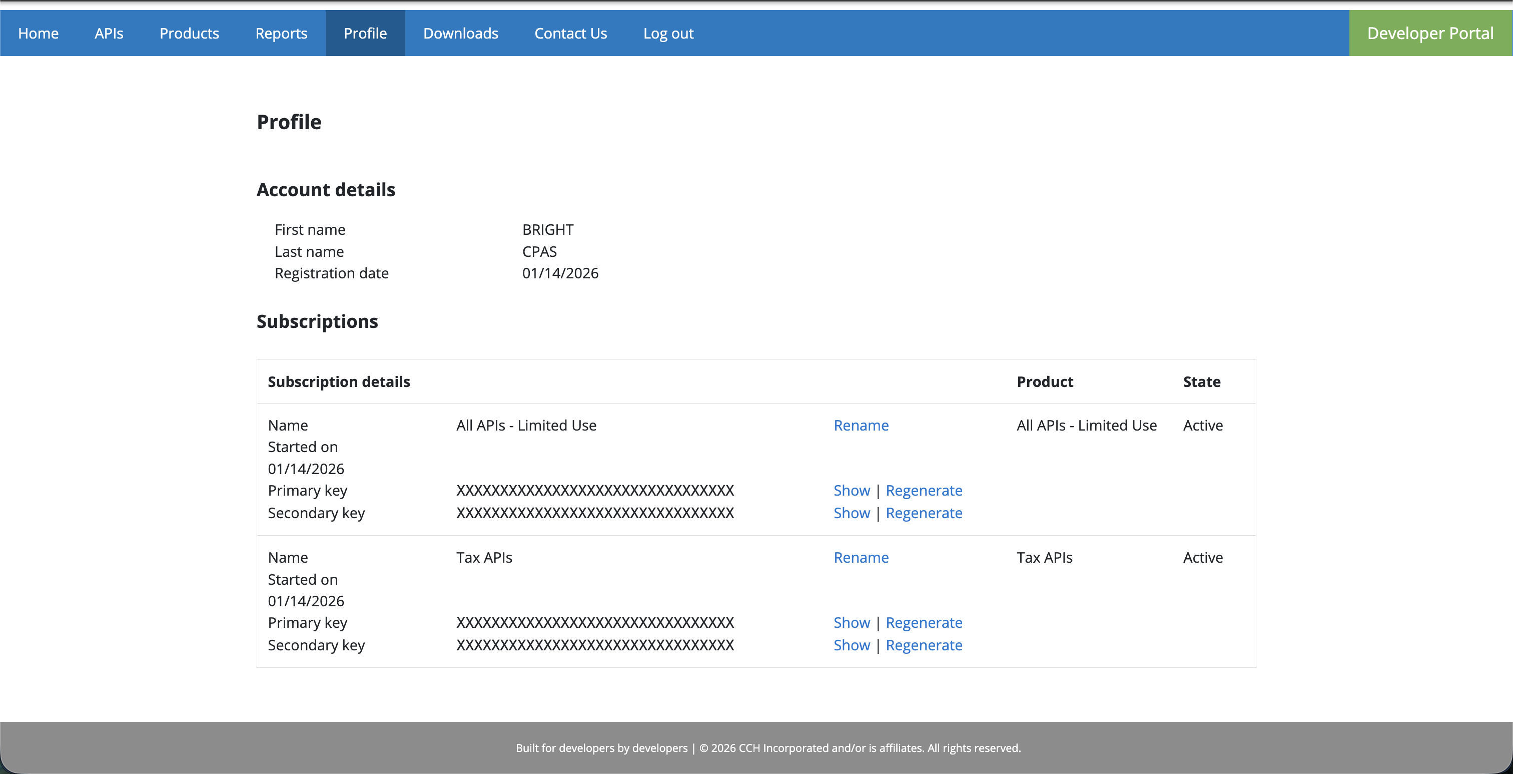 CCH Axcess Developer Portal Profile page showing primary and secondary subscription keys