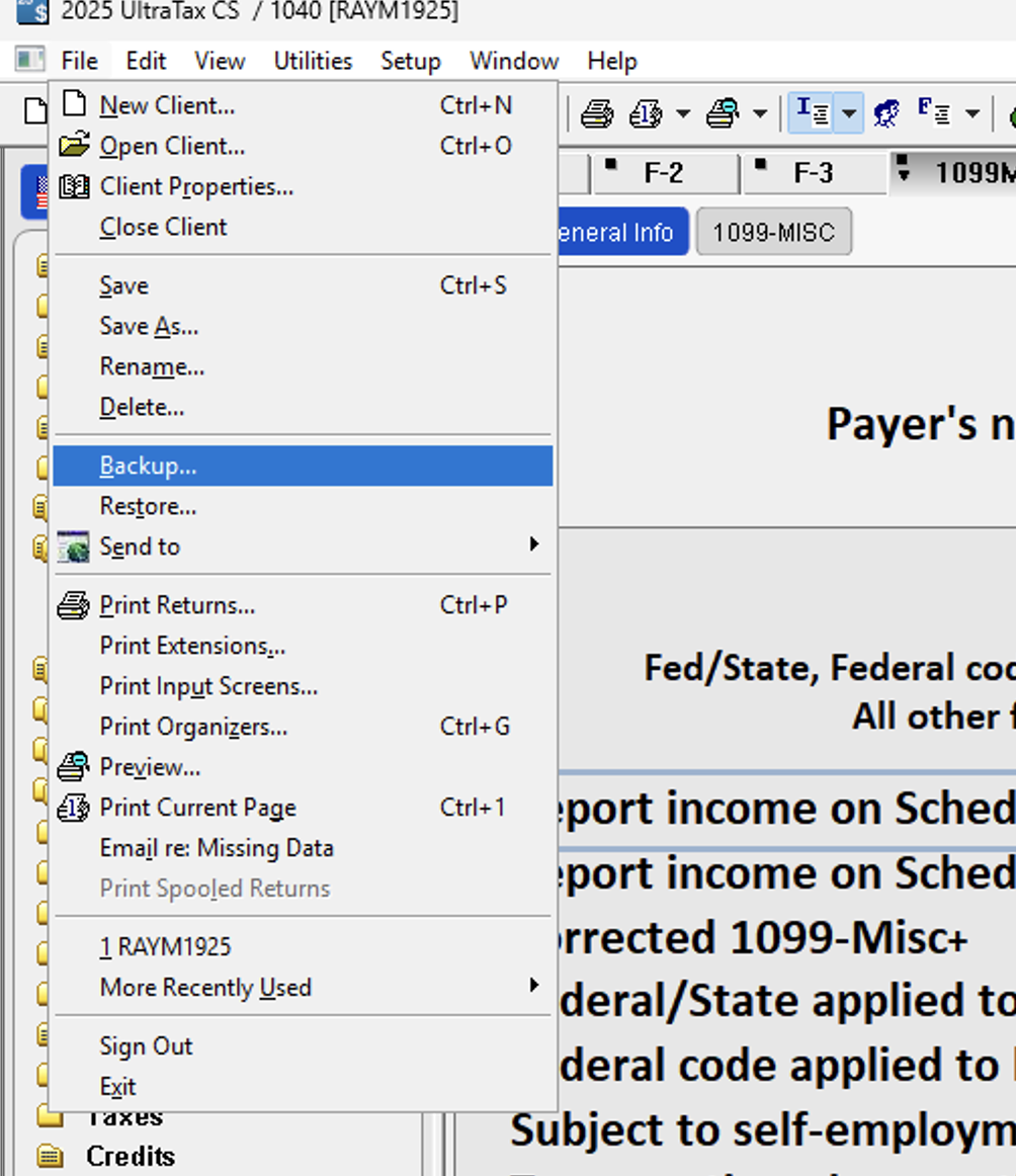 UltraTax CS File menu with Backup highlighted