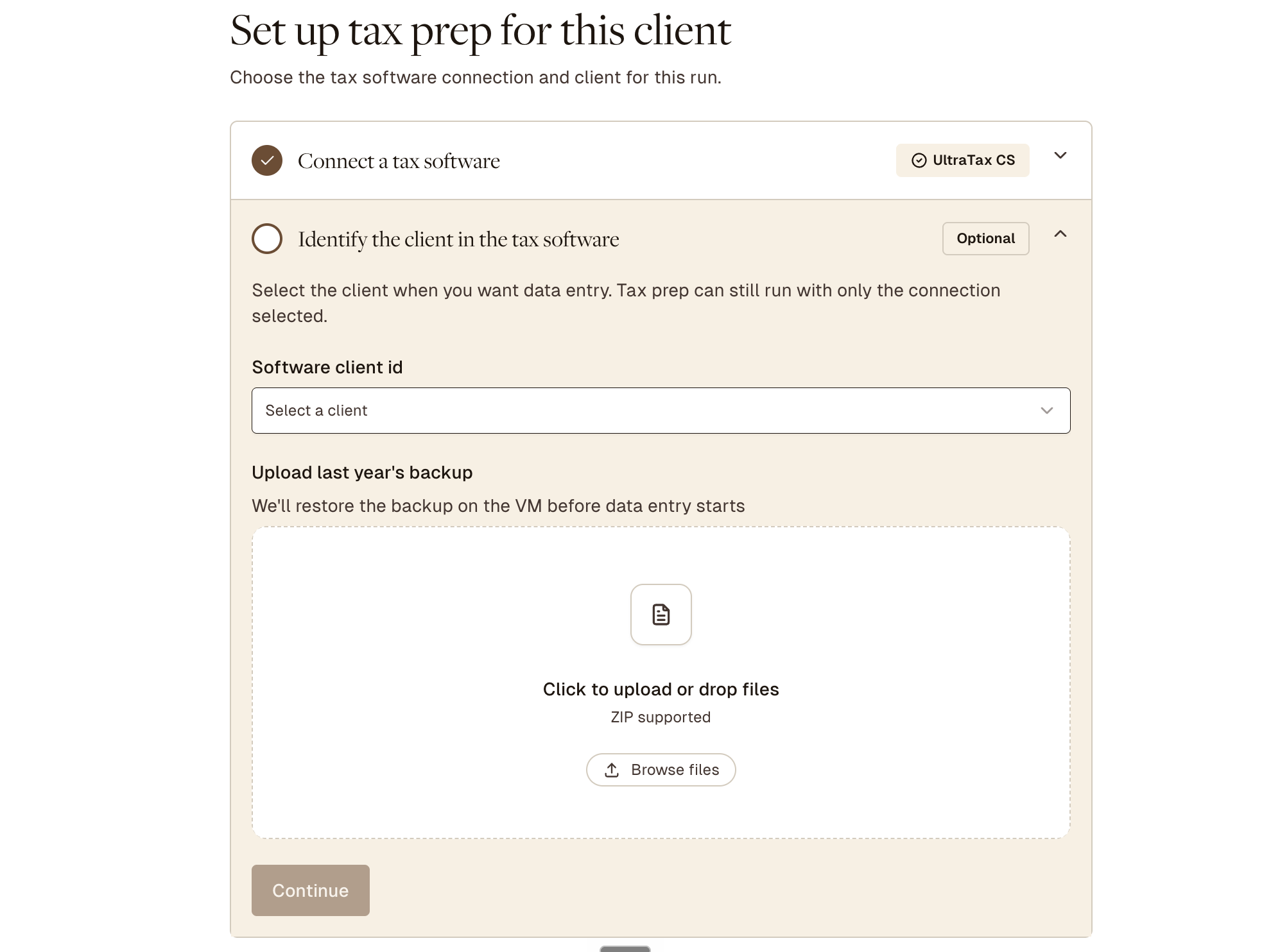Filed initiate tax prep page with backup upload area