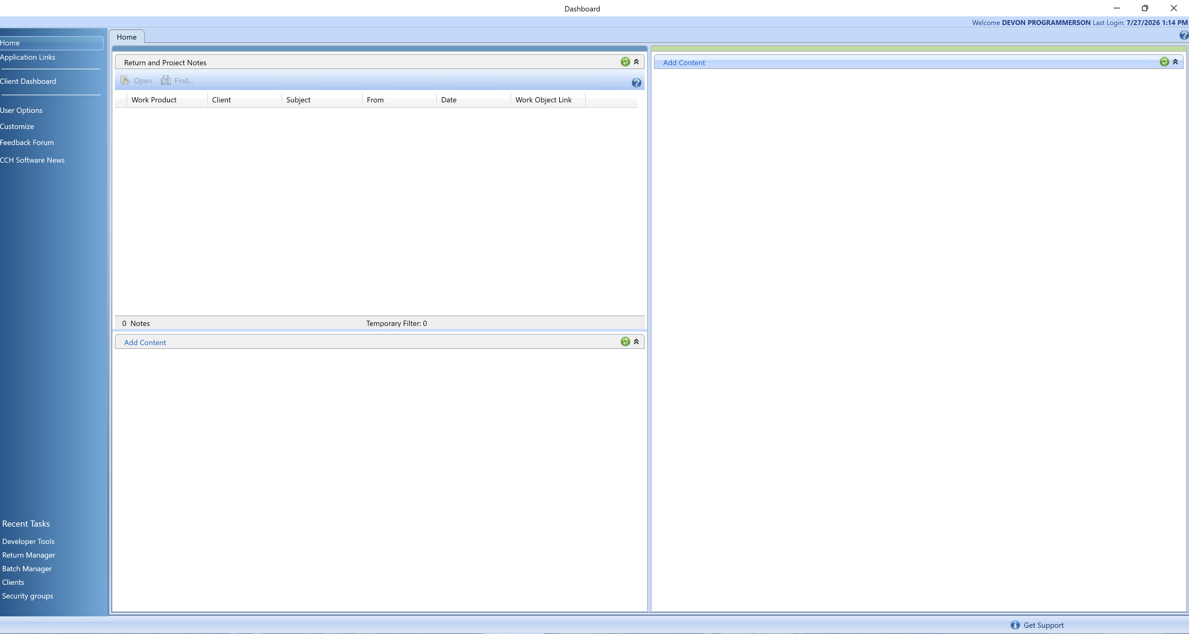 CCH Axcess Dashboard with Application Links in the left navigation