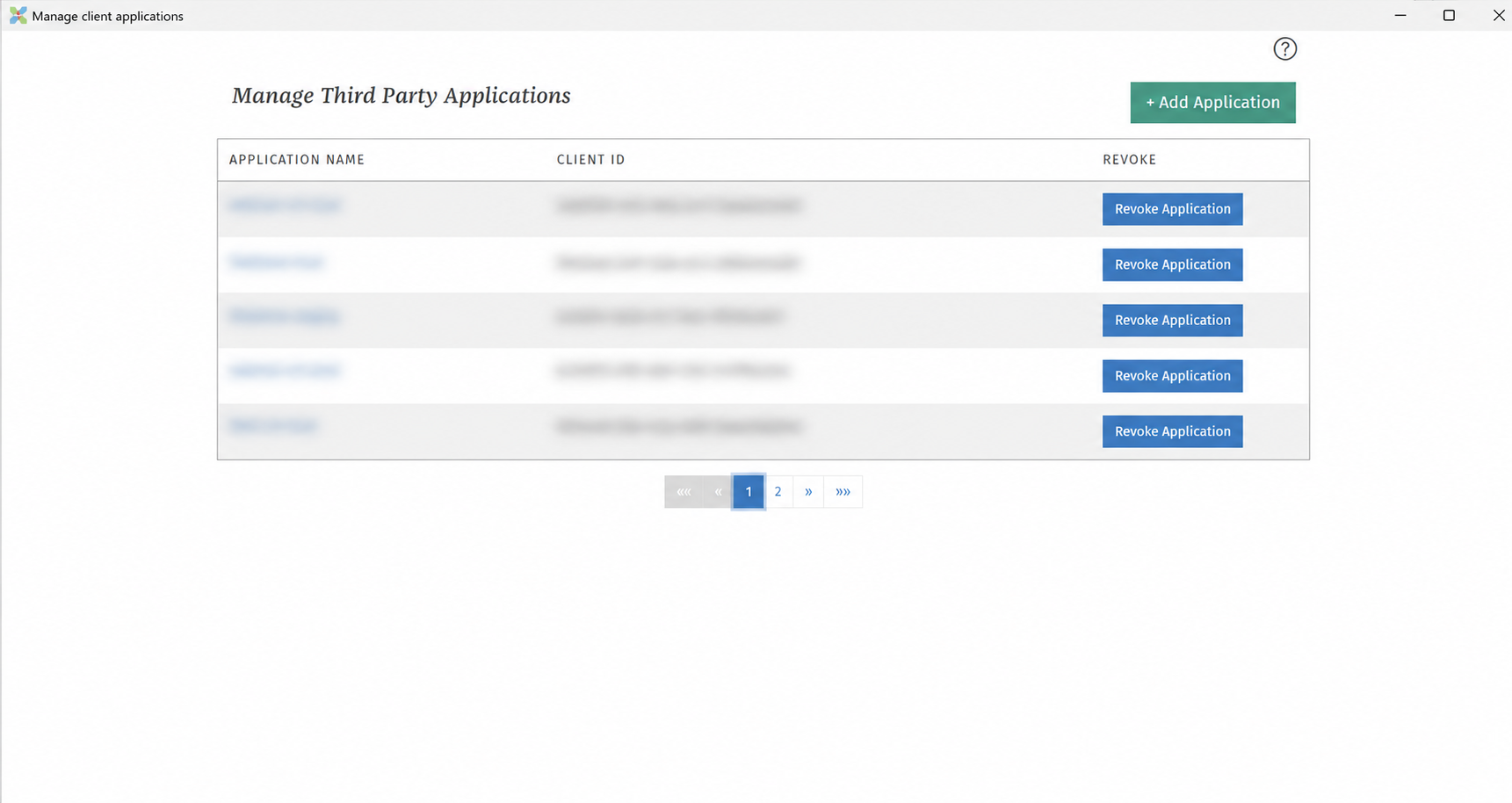 Manage Third Party Applications page with application names and client IDs blurred