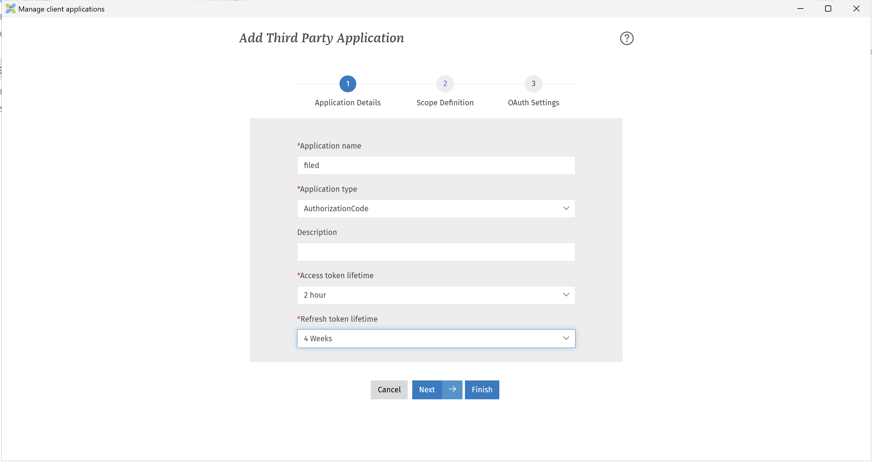 Application Details with a two-hour access token lifetime and four-week refresh token lifetime