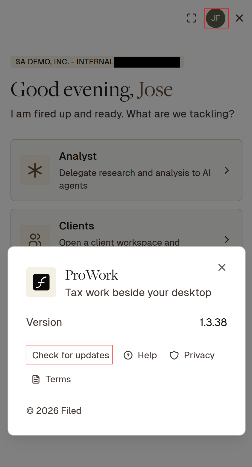 About Prowork dialog with the account menu and Check for updates button highlighted