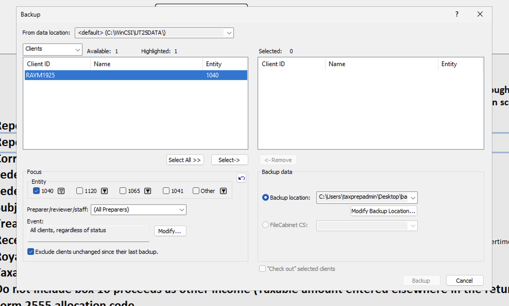 Backup dialog with client in Available list