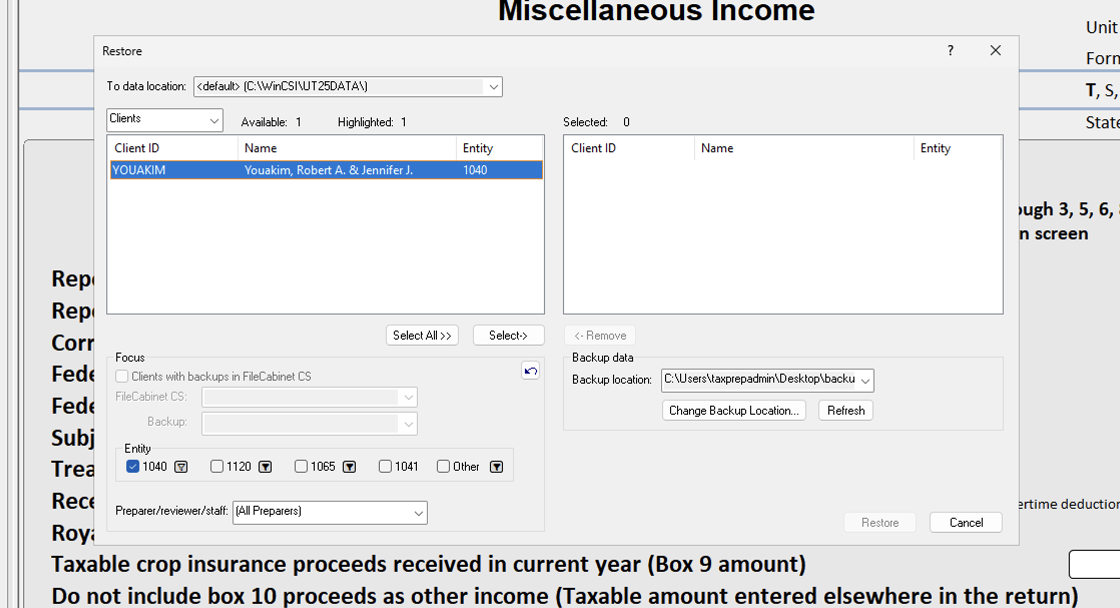 Restore dialog showing client in Available list