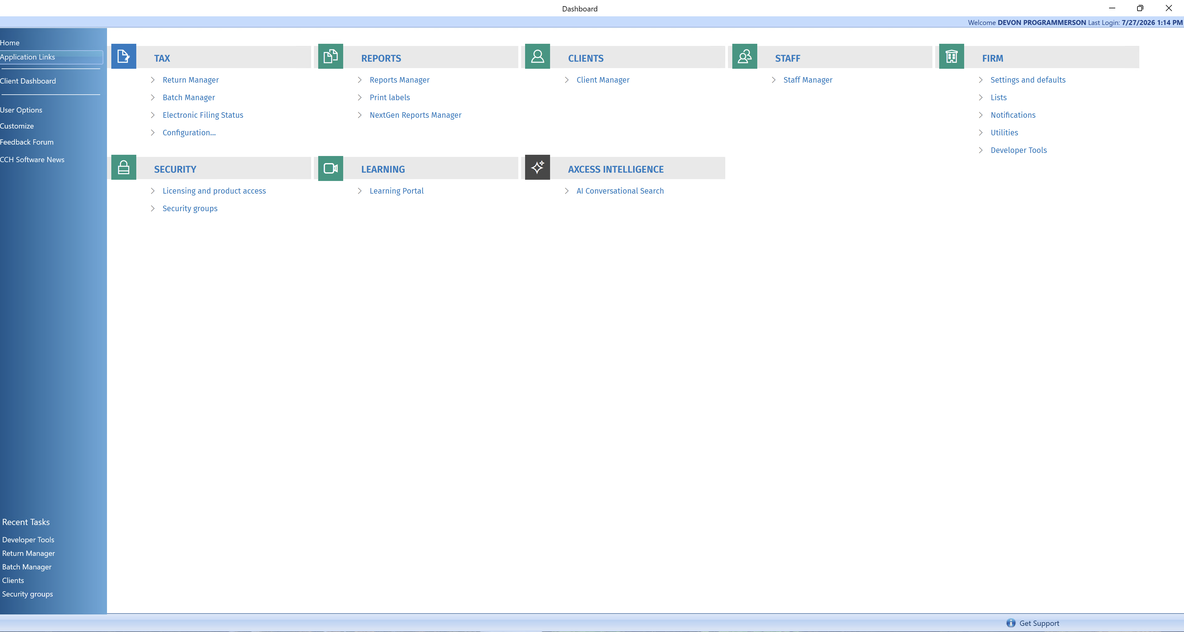 Application Links page with Developer Tools under Firm